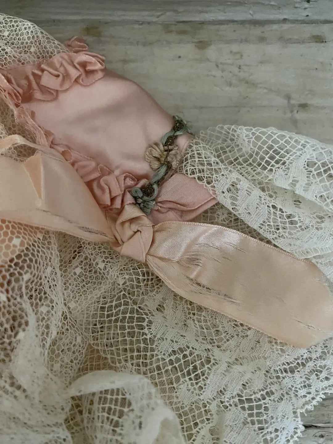 Antique Crown Night Cap Lace Pink Silk Ribbonwork