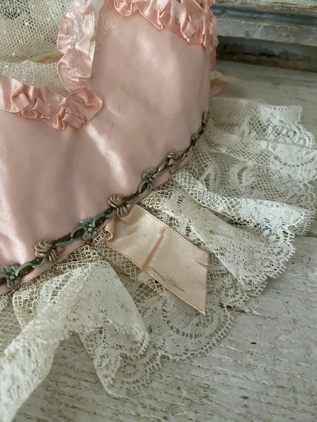 Antique Crown Night Cap Lace Pink Silk Ribbonwork