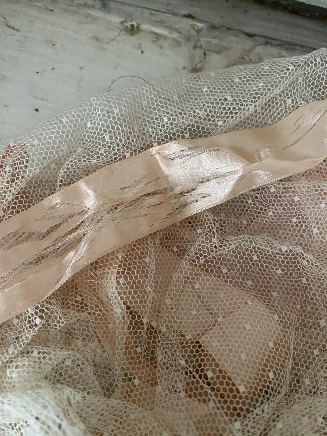 Antique Crown Night Cap Lace Pink Silk Ribbonwork