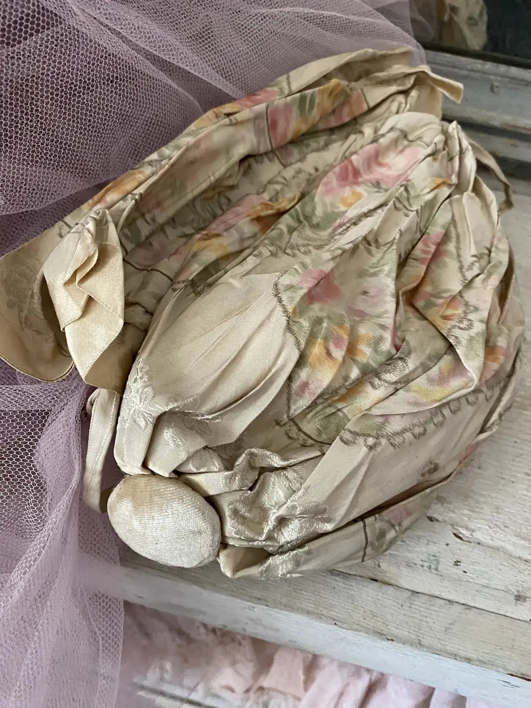 Antique 1920s Pink Floral Ribbon Bag Holder