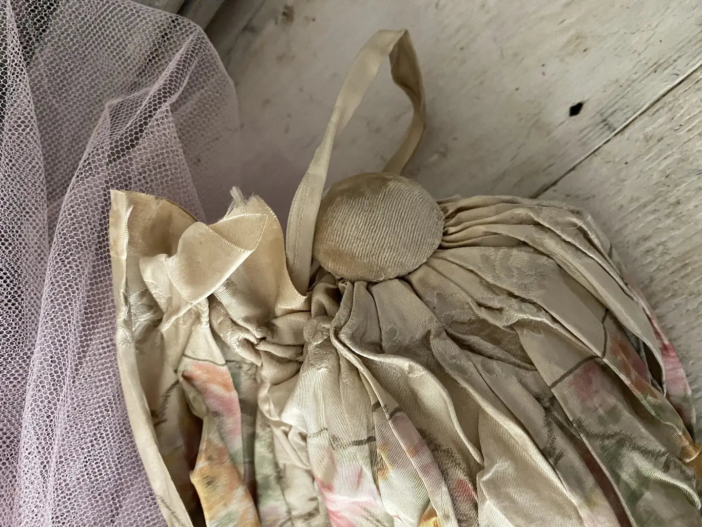 Antique 1920s Pink Floral Ribbon Bag Holder