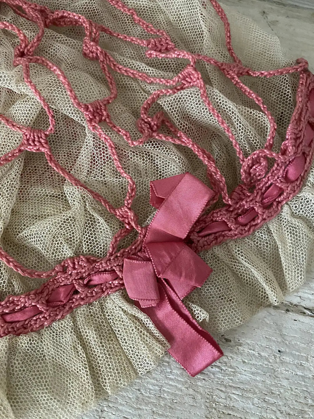 Antique Lace Boudoir Night Bonnet Cap Pink SilkLace