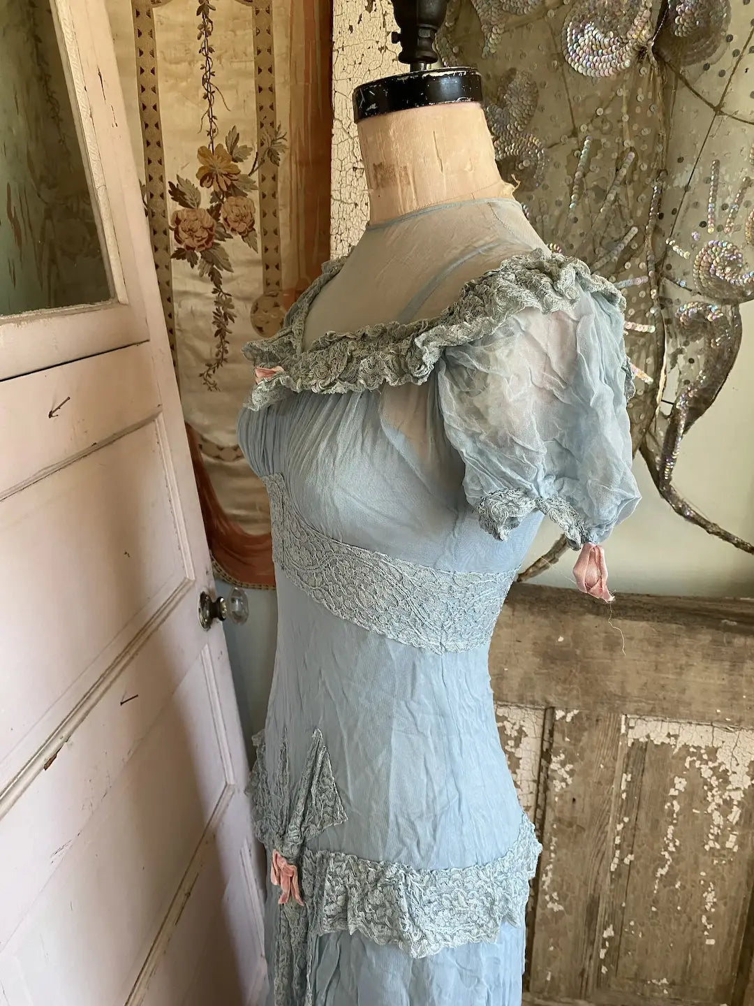 Antique Dress Blue Lace Button Down Pink Velvet Ribbons