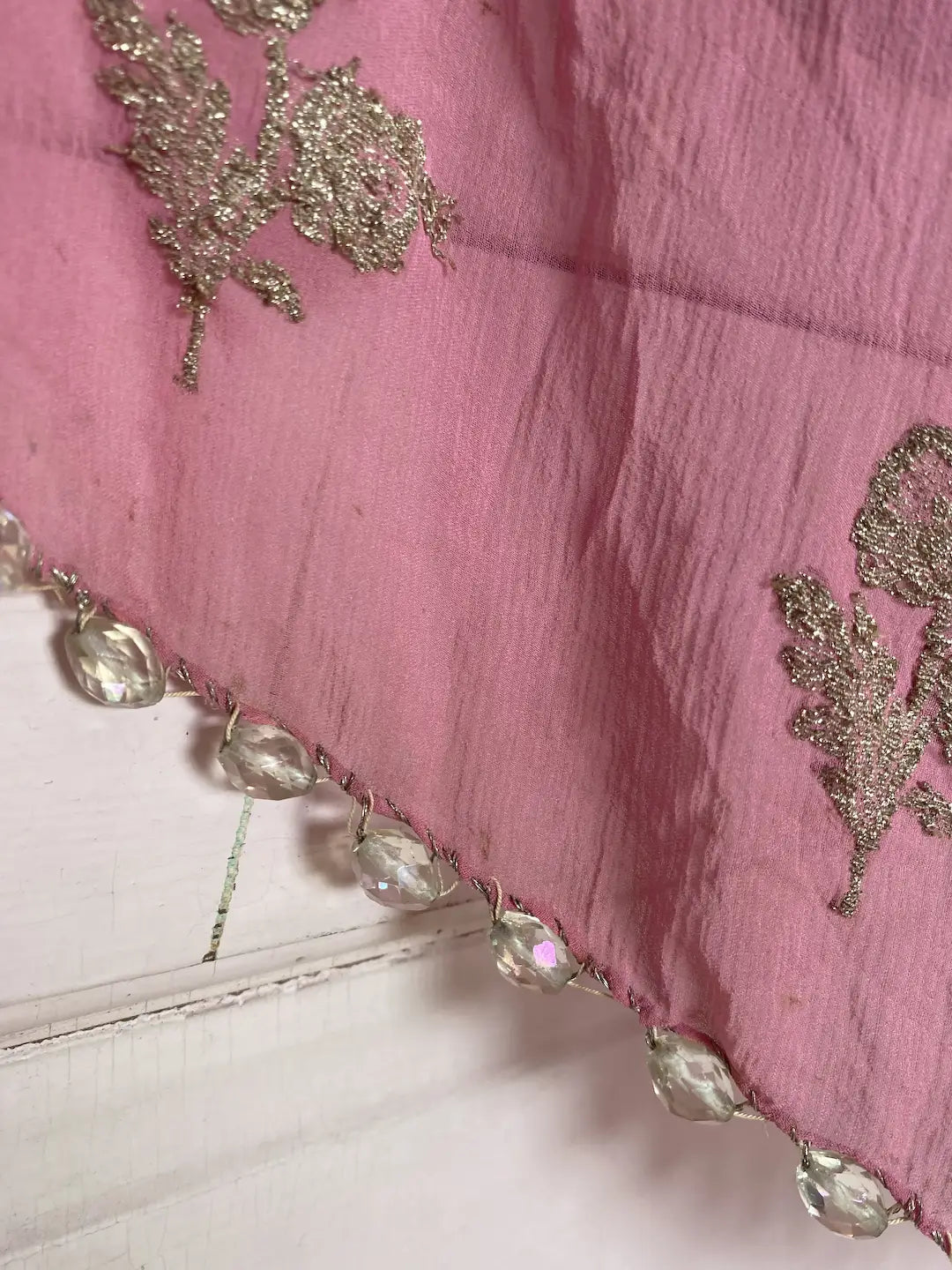 Antique Pink Silk Dress Scrap Metallic Silver Threads Glass Beads