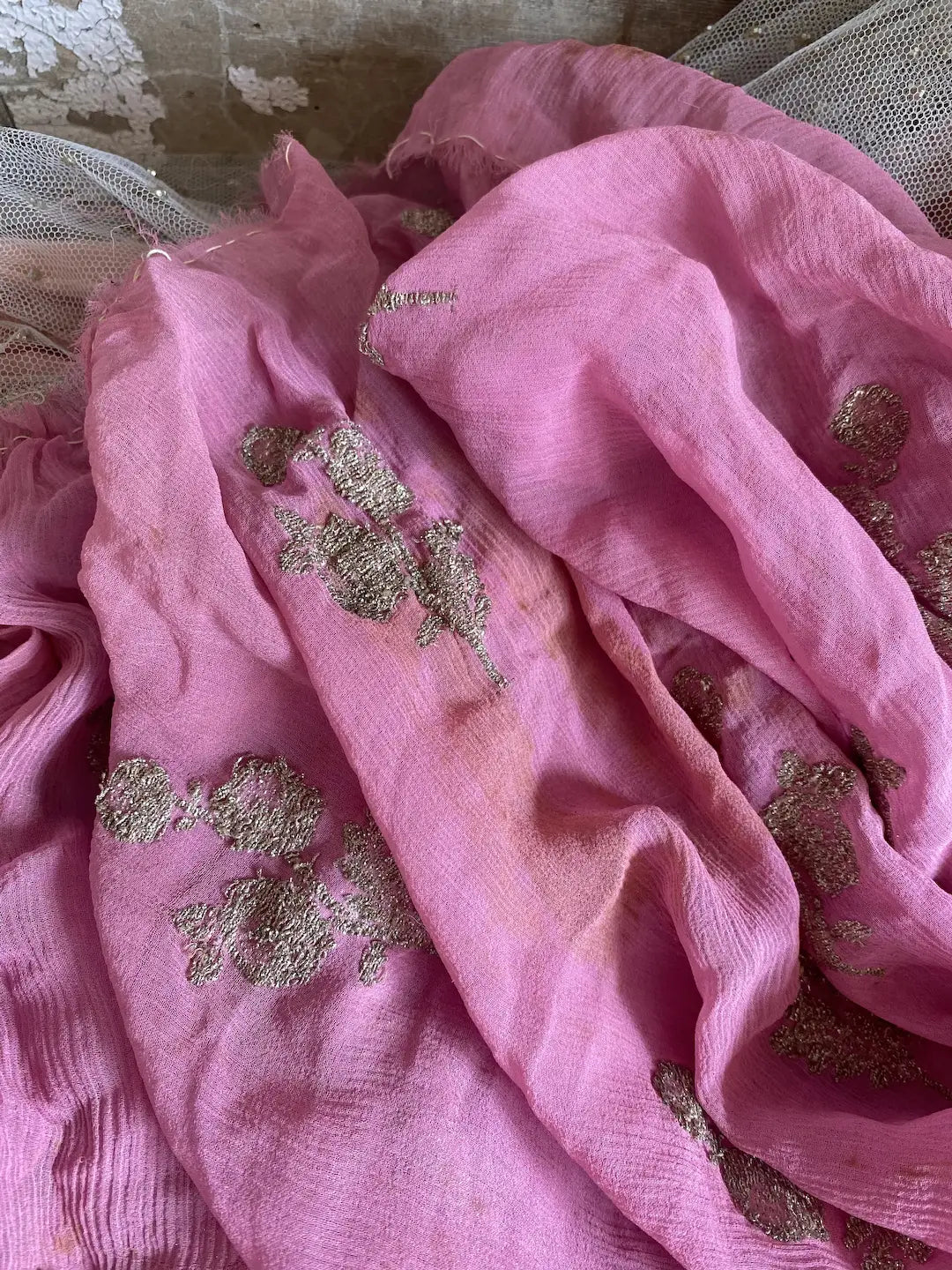 Antique Pink Silk Dress Scrap Metallic Silver Threads Glass Beads
