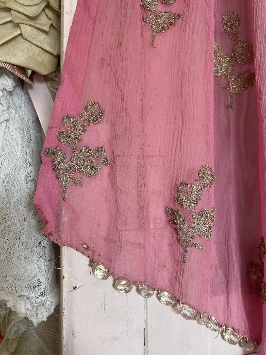 Antique Pink Silk Dress Scrap Metallic Silver Threads Glass Beads