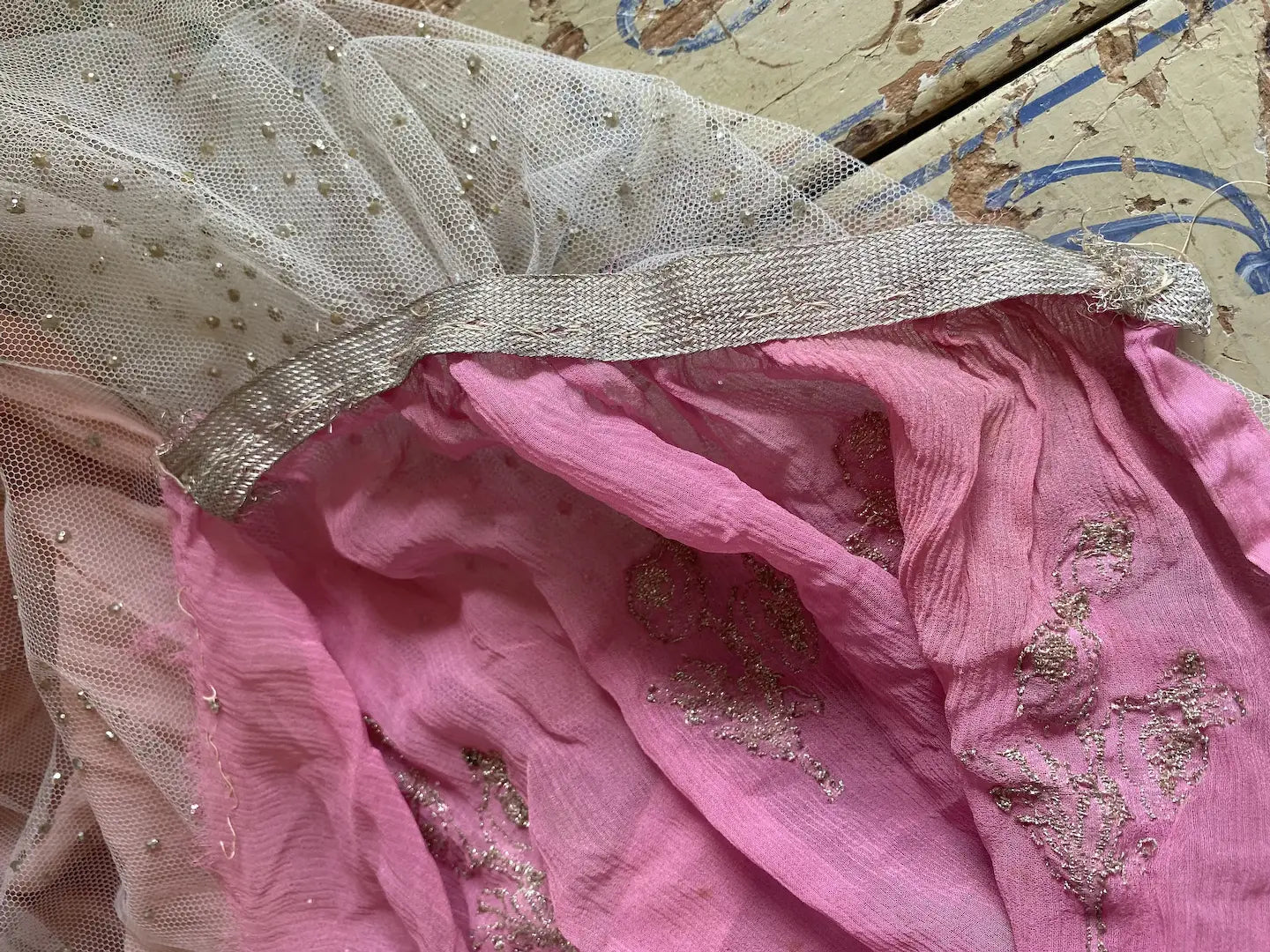 Antique Pink Silk Dress Scrap Metallic Silver Threads Glass Beads