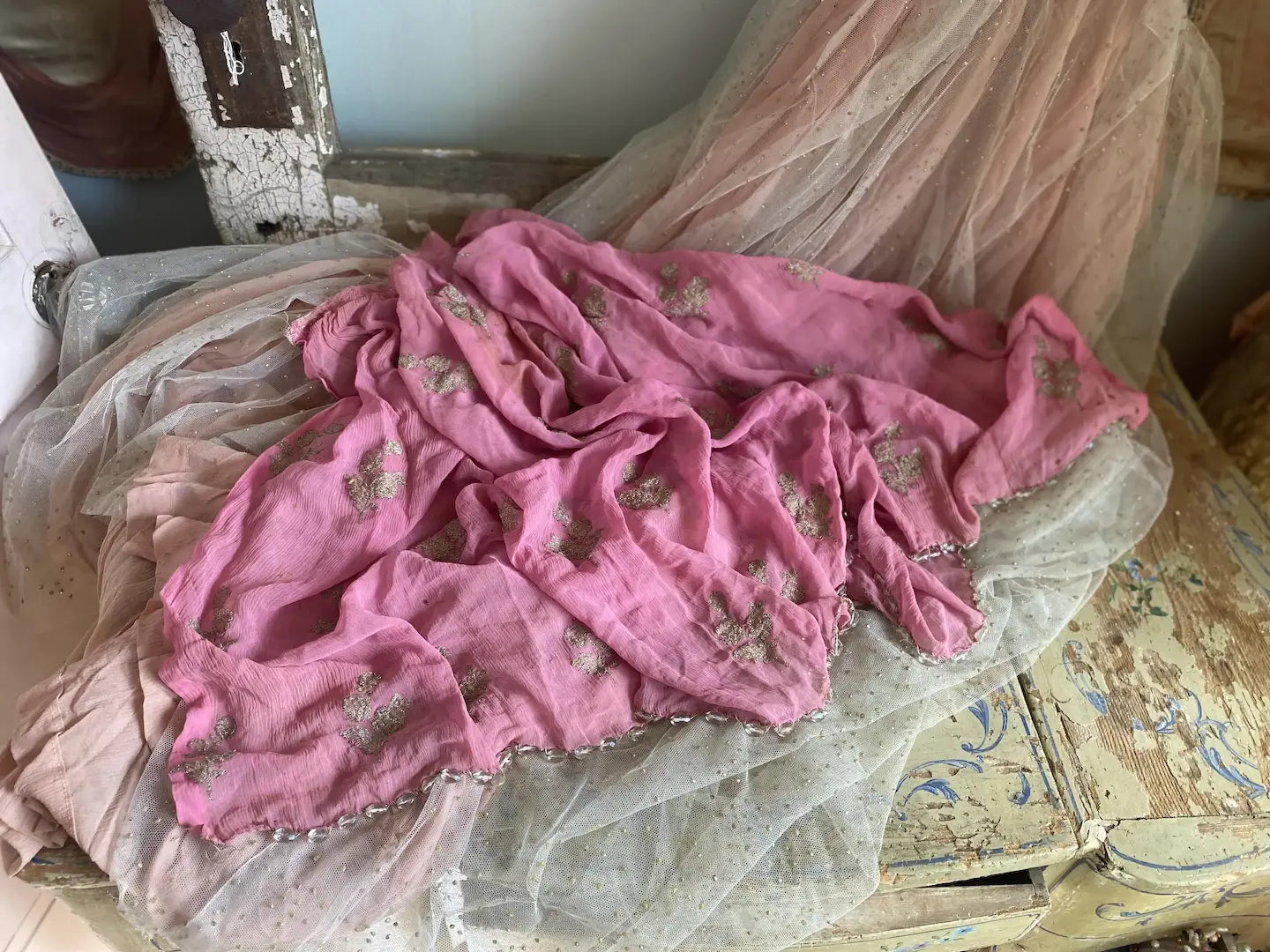 Antique Pink Silk Dress Scrap Metallic Silver Threads Glass Beads