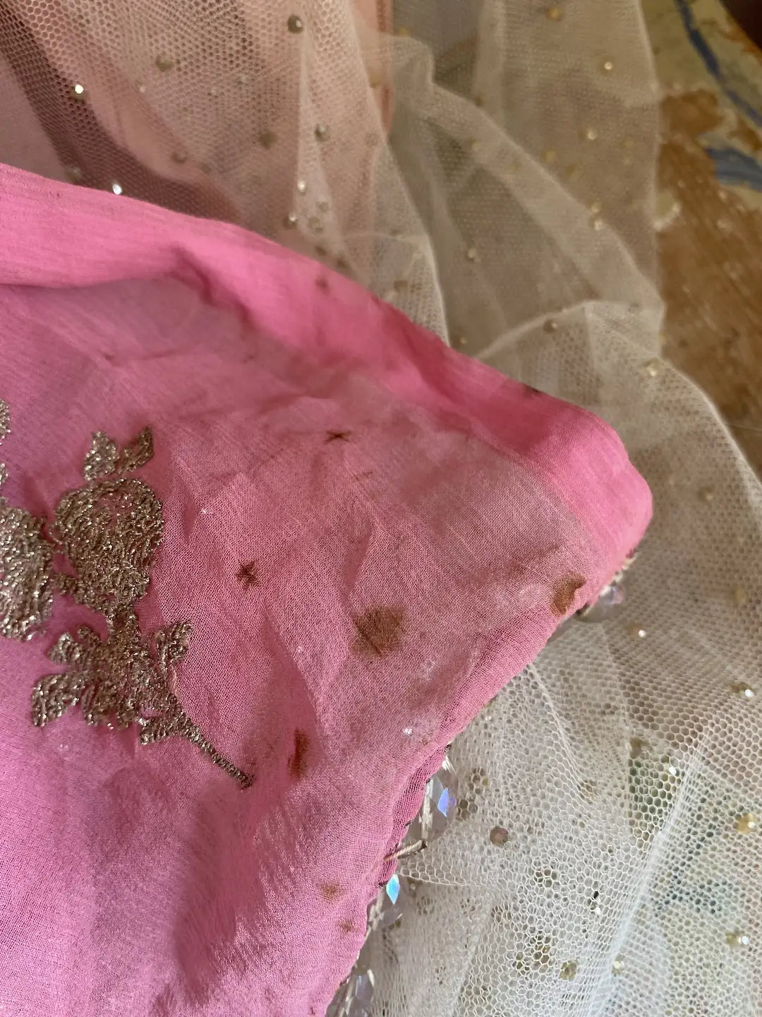 Antique Pink Silk Dress Scrap Metallic Silver Threads Glass Beads