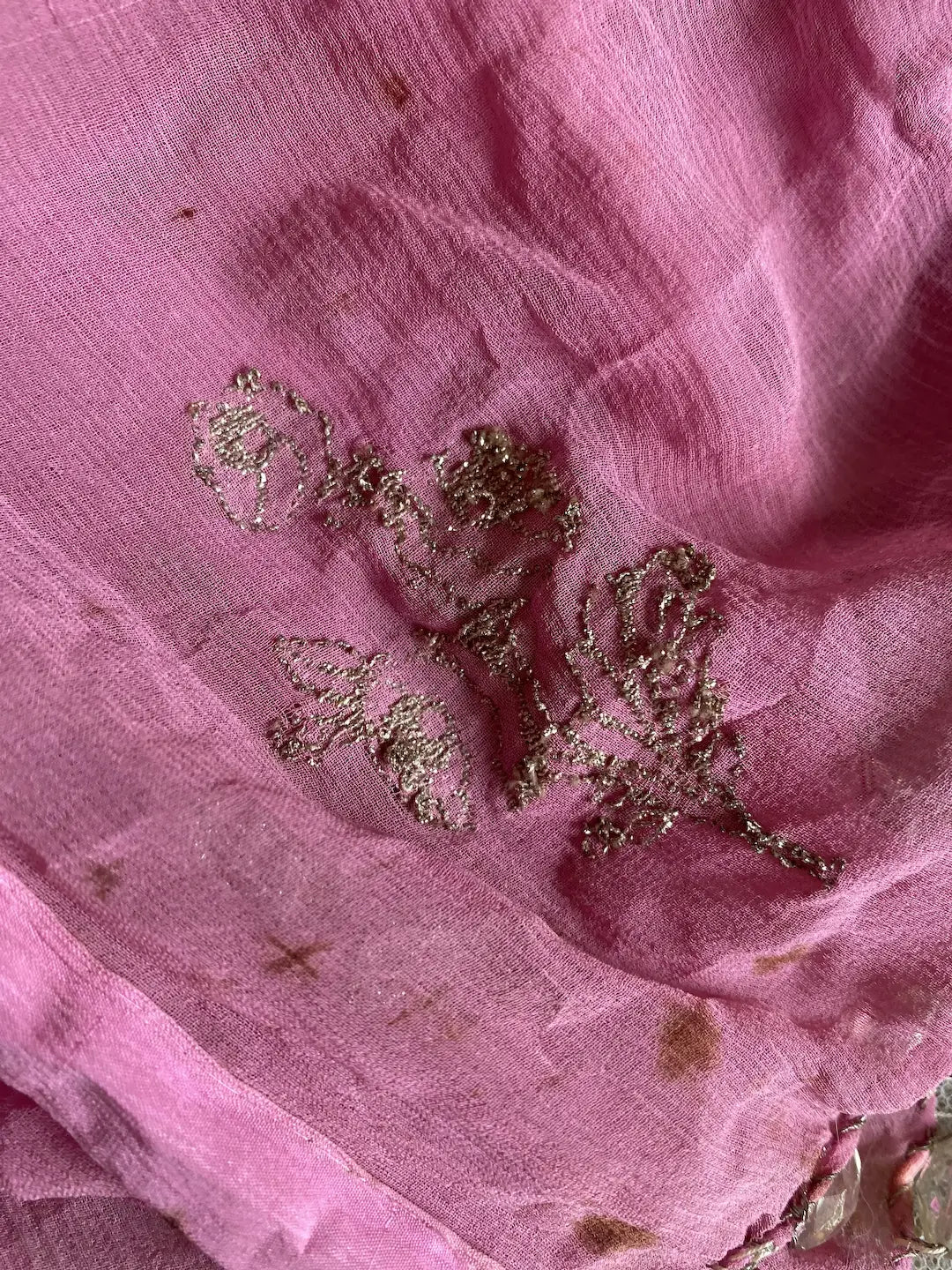Antique Pink Silk Dress Scrap Metallic Silver Threads Glass Beads