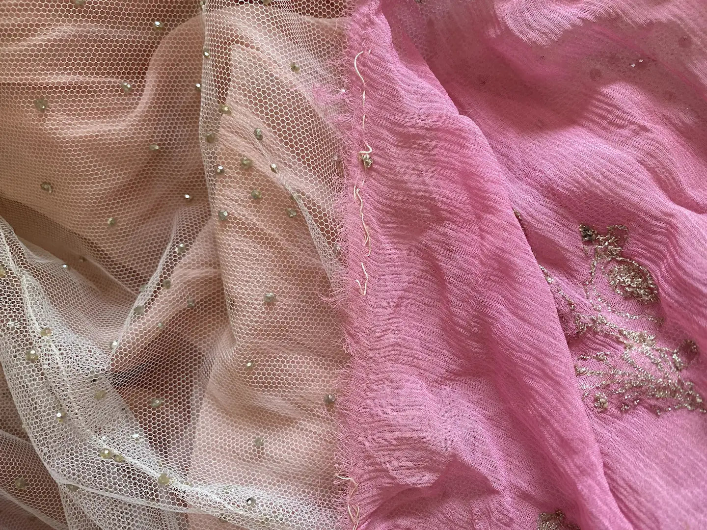 Antique Pink Silk Dress Scrap Metallic Silver Threads Glass Beads