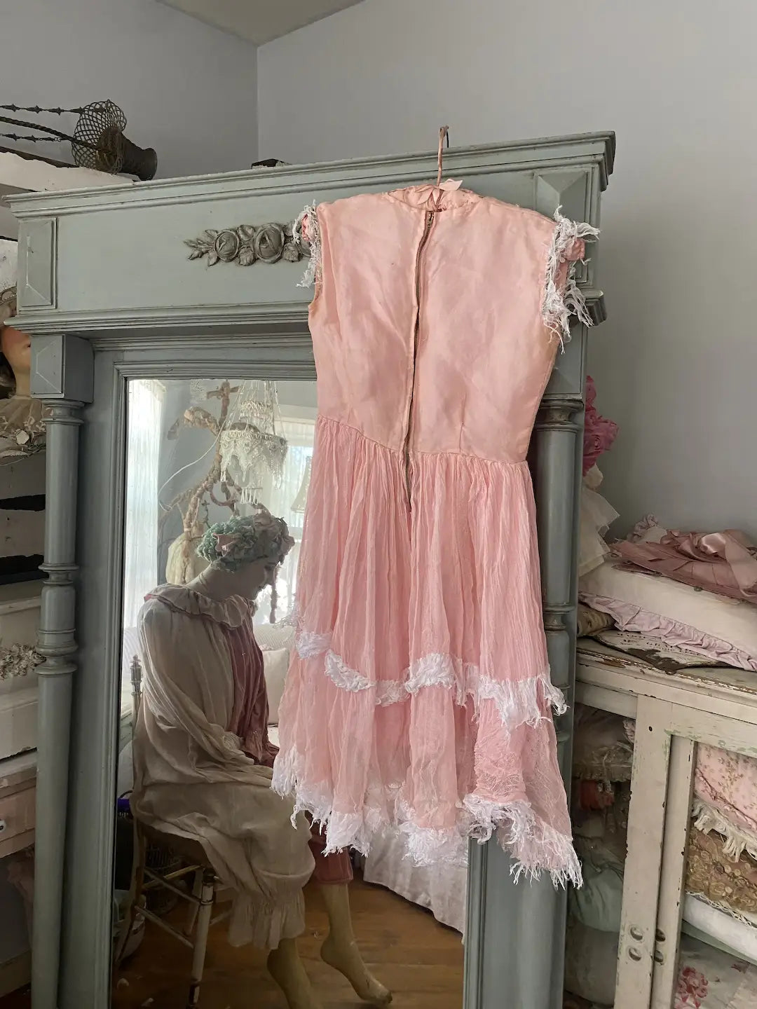 Antique Vintage Pink Tulle Lace Ballet Theater Costume Dress Tinsel Trim