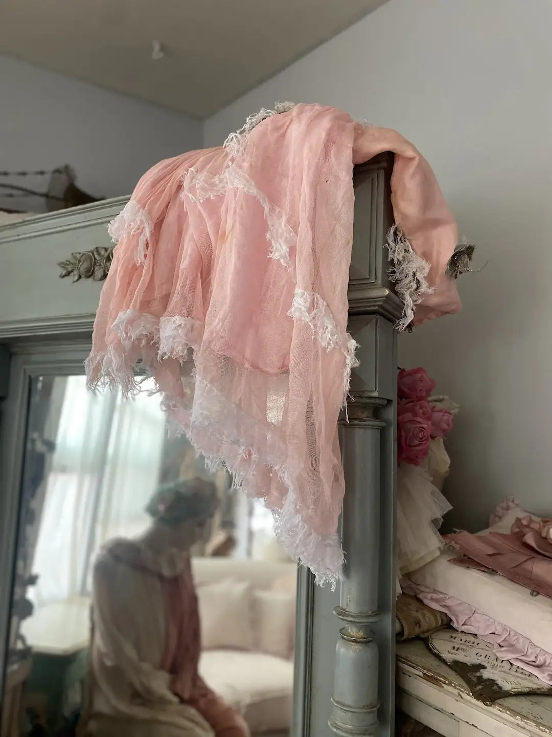 Antique Vintage Pink Tulle Lace Ballet Theater Costume Dress Tinsel Trim