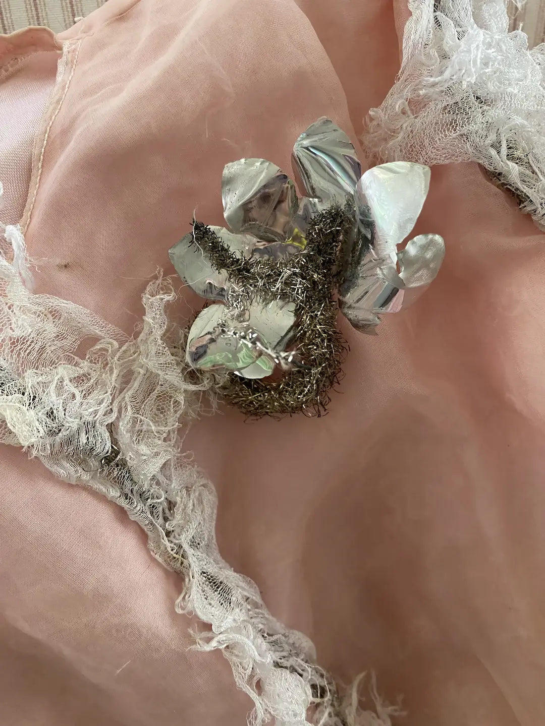 Antique Vintage Pink Tulle Lace Ballet Theater Costume Dress Tinsel Trim