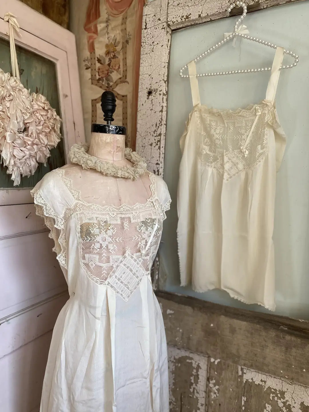 Antique Wedding Trousseau Lingerie Silk Lace Teddy & Nightgown Dress