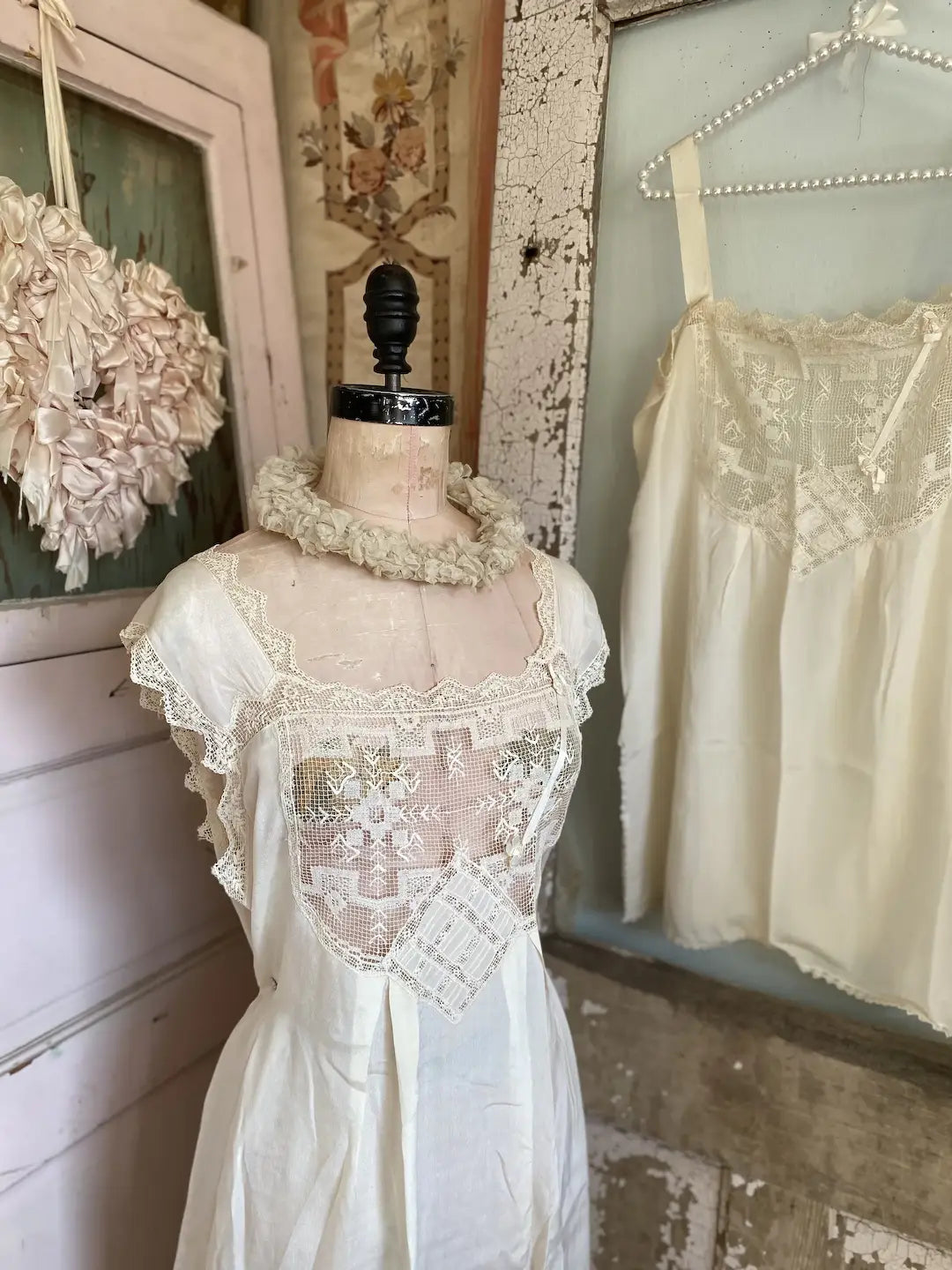Antique Wedding Trousseau Lingerie Silk Lace Teddy & Nightgown Dress