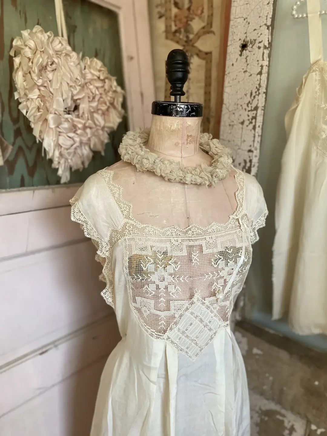 Antique Wedding Trousseau Lingerie Silk Lace Teddy & Nightgown Dress