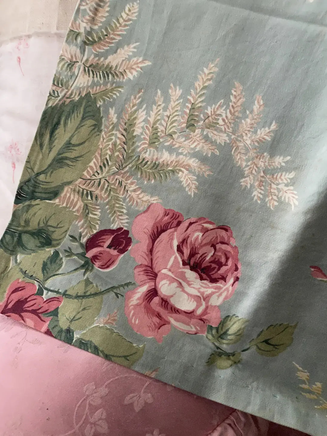 Vintage Fabric Blue Cabbage Roses