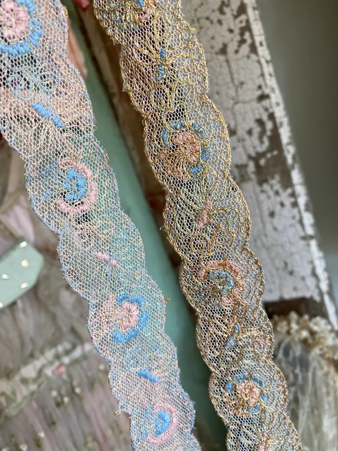 Antique Lace Ribbon Trim Shabby Chic Pastel Embroidered Pink Blue