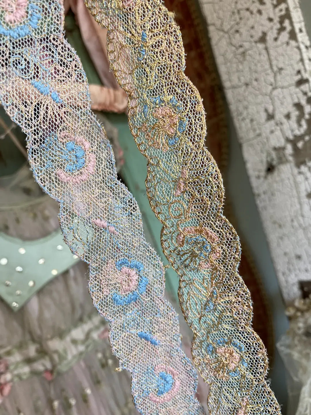 Antique Lace Ribbon Trim Shabby Chic Pastel Embroidered Pink Blue