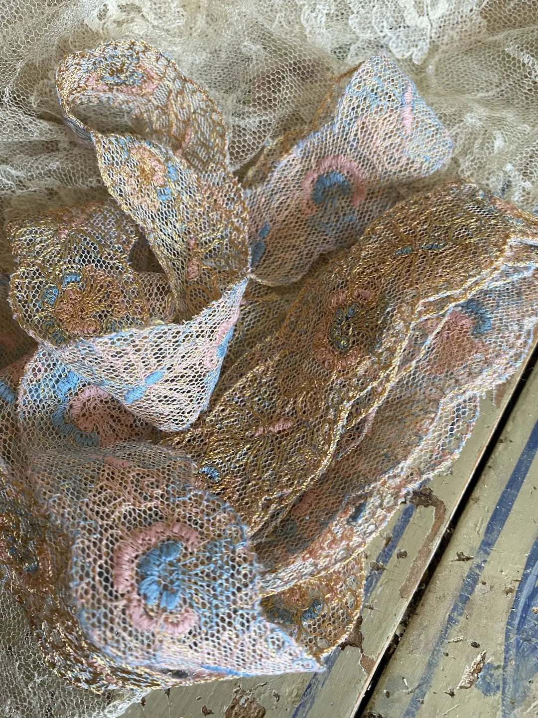 Antique Lace Ribbon Trim Shabby Chic Pastel Embroidered Pink Blue