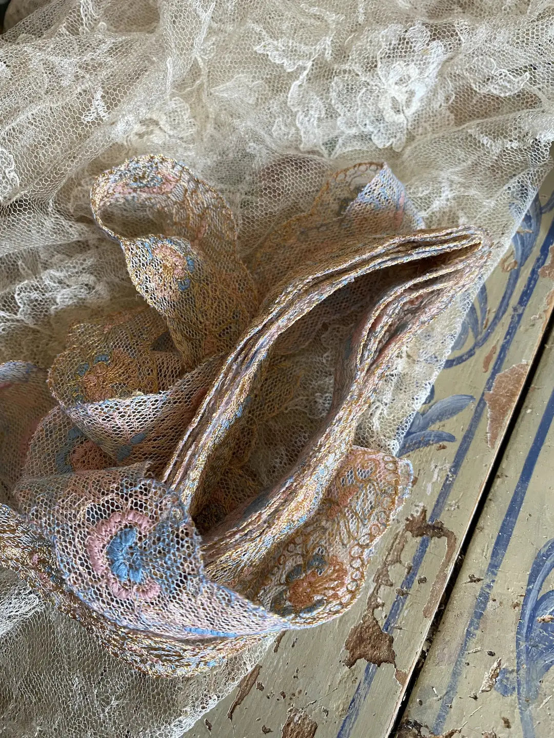 Antique Lace Ribbon Trim Shabby Chic Pastel Embroidered Pink Blue