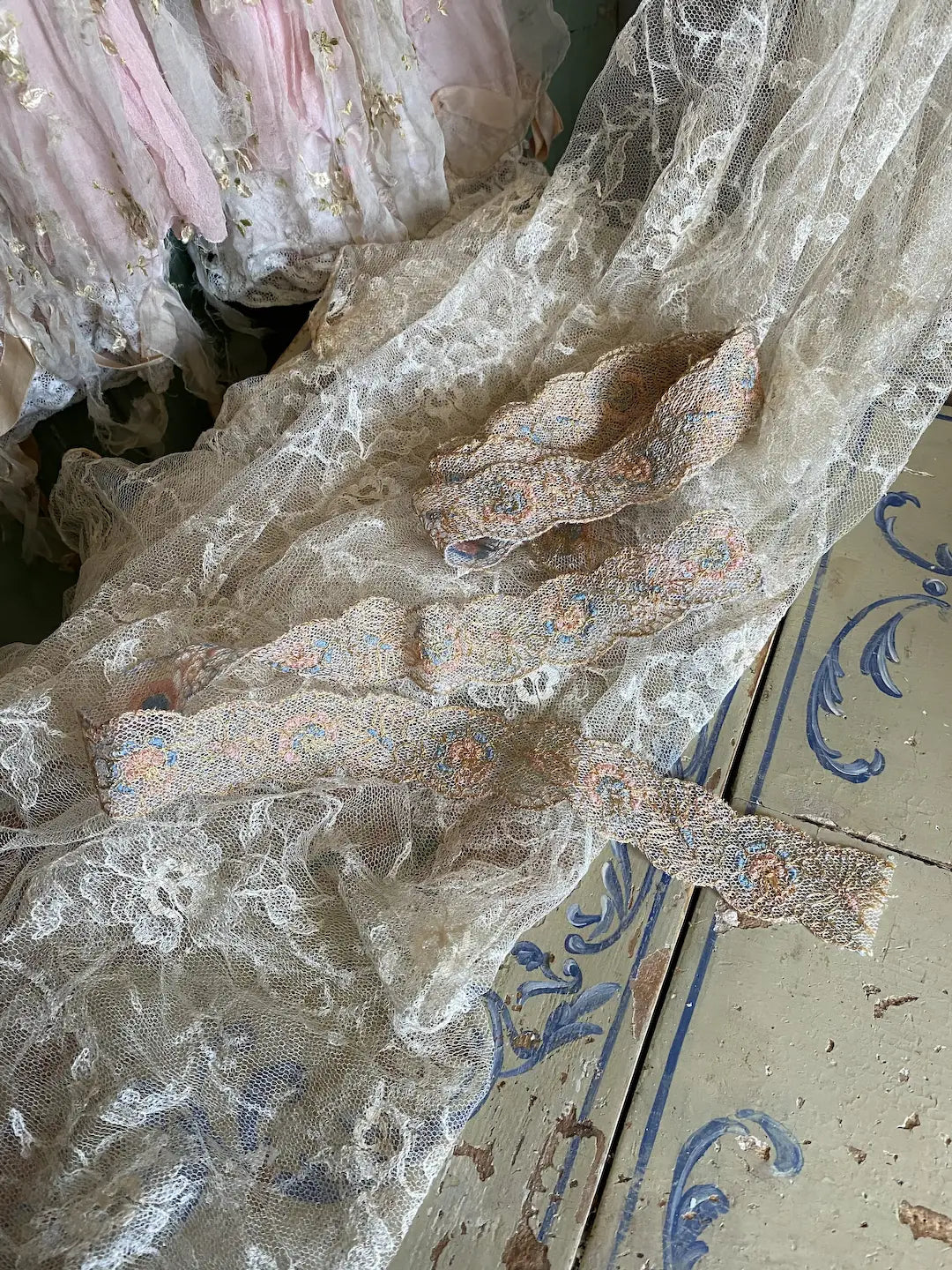Antique Lace Ribbon Trim Shabby Chic Pastel Embroidered Pink Blue