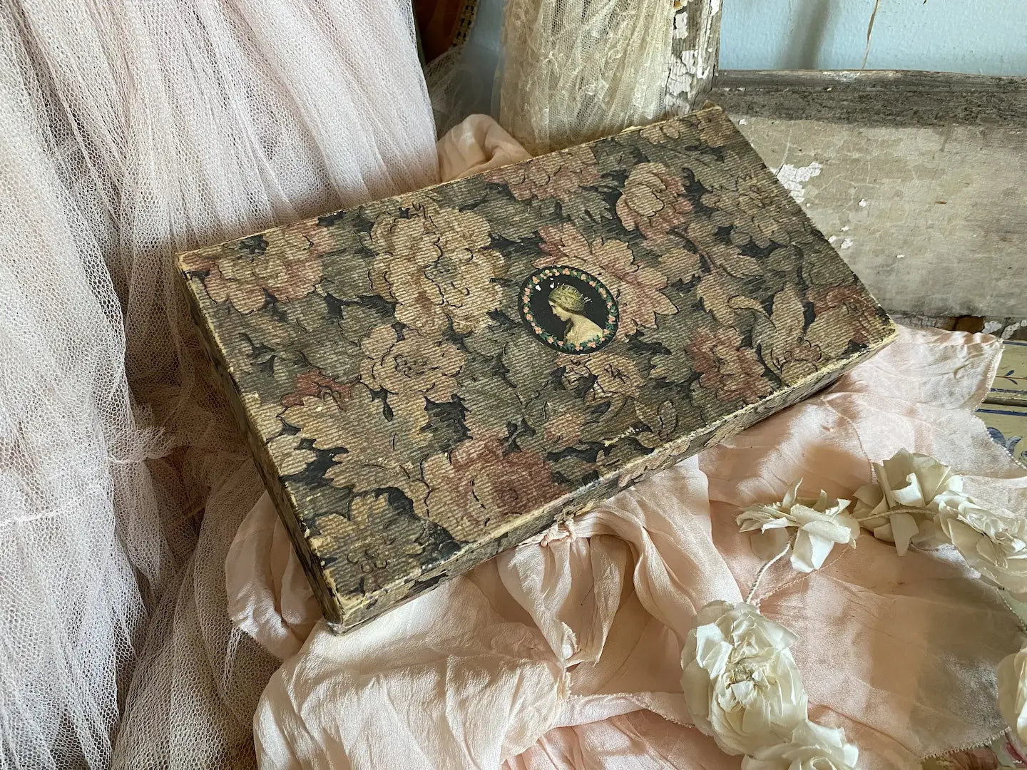 Antique Dark Floral Wallpaper Box Woman Portrait