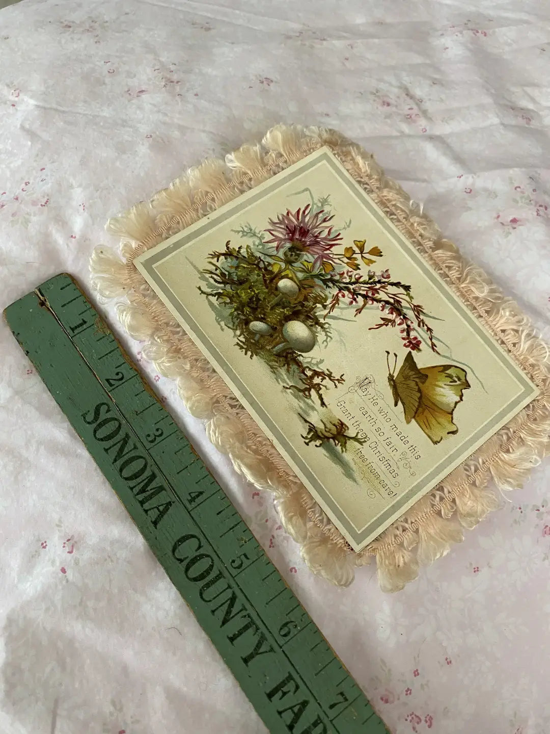Antique Postcard Pastel Floral Butterfly Pink Silk Trim