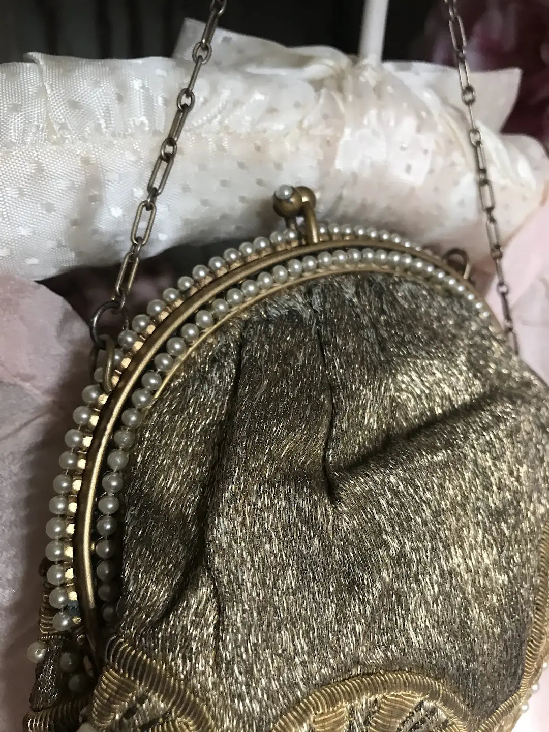 Antique Flapper Purse Gold Lamé Pearl Encrusted Frame