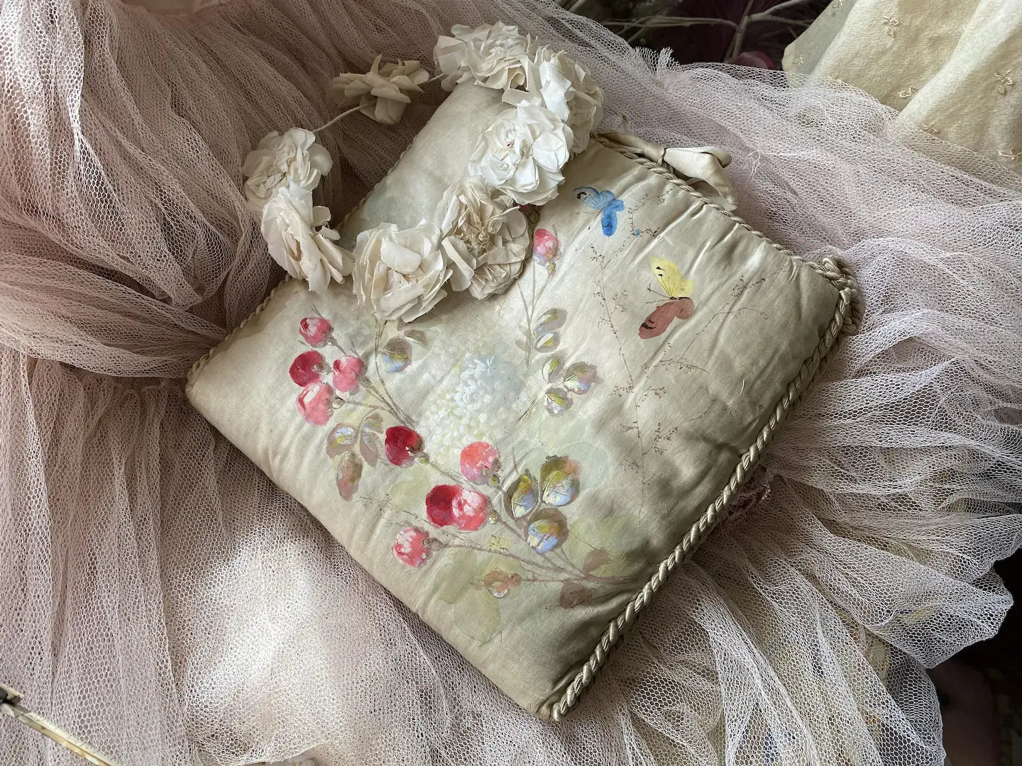 Antique French Delicates Holder Silk Hand Painted