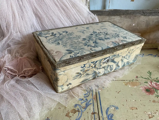 Antique French Fabric Box Blue Roses