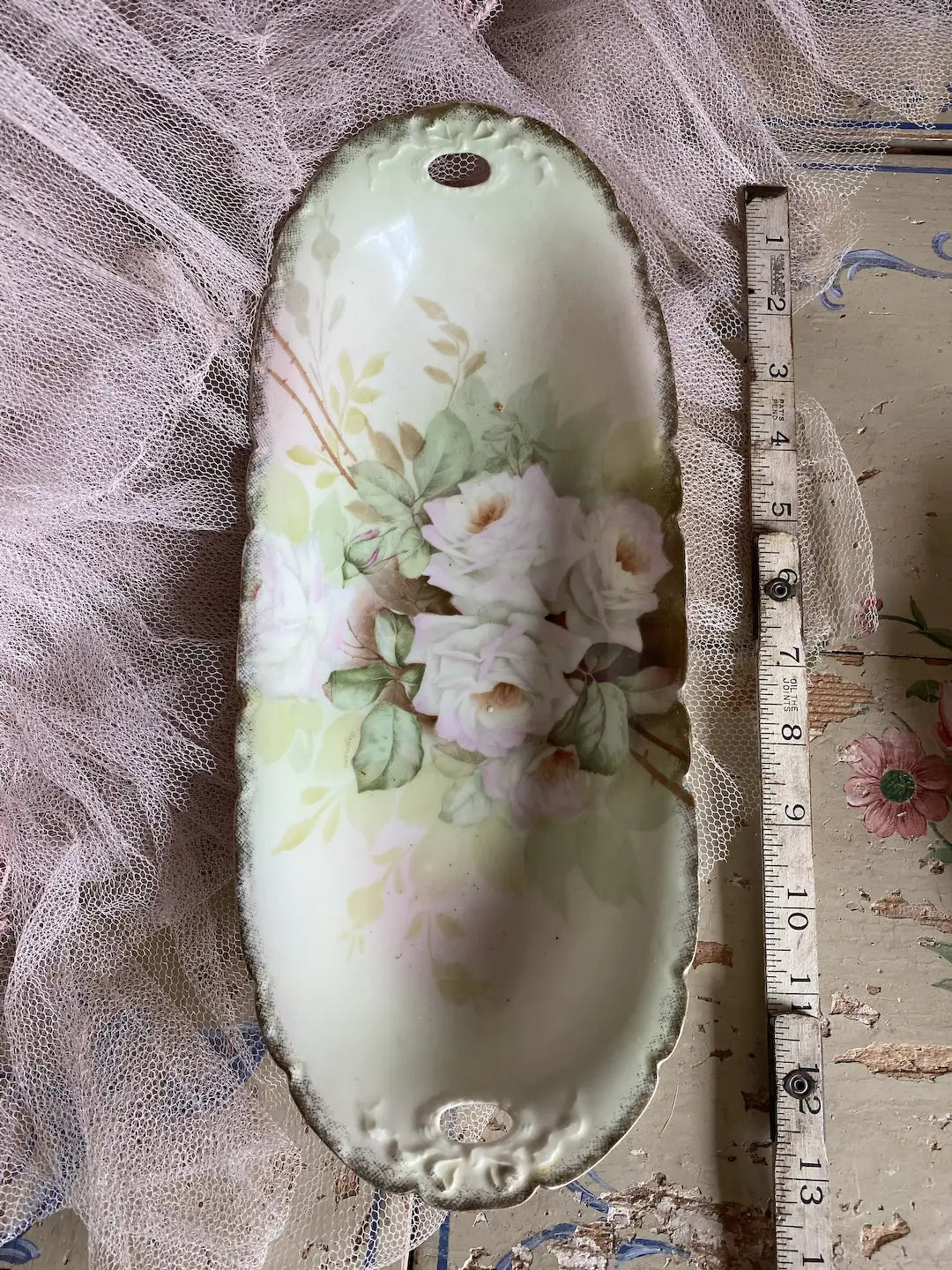 Antique Hand Painted White Roses Tray Dish