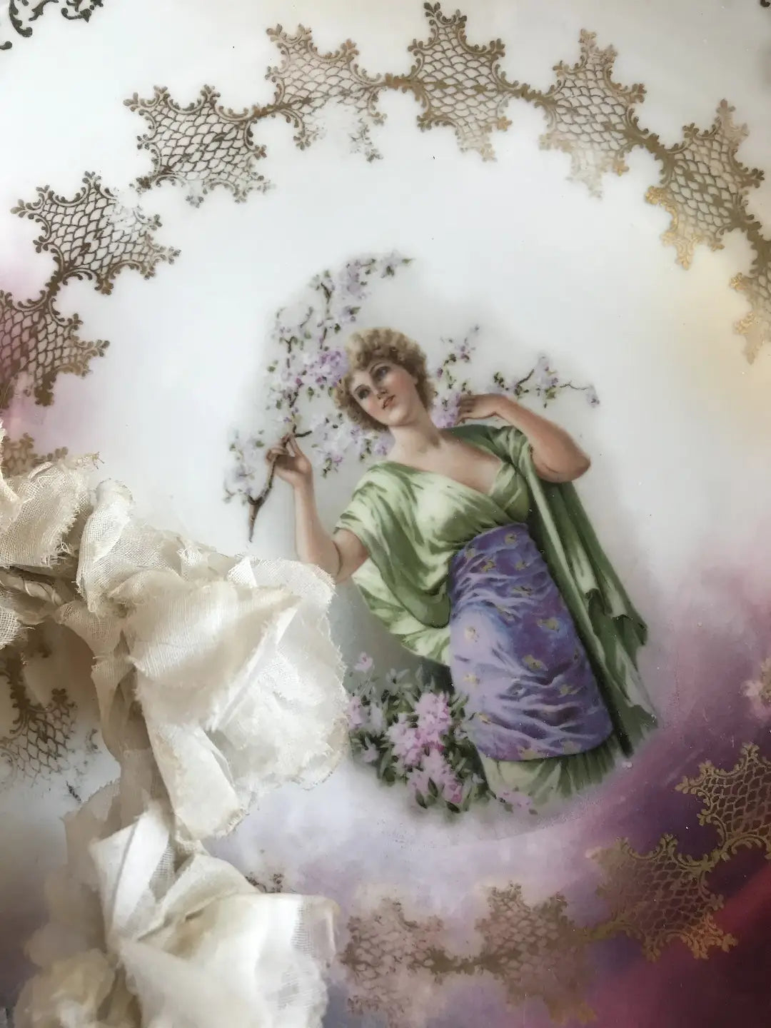 Antique Portrait Plate Kimono Cherry Blossoms