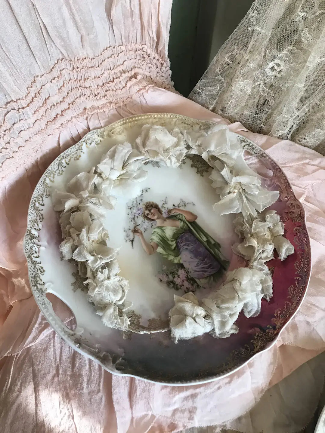 Antique Portrait Plate Kimono Cherry Blossoms