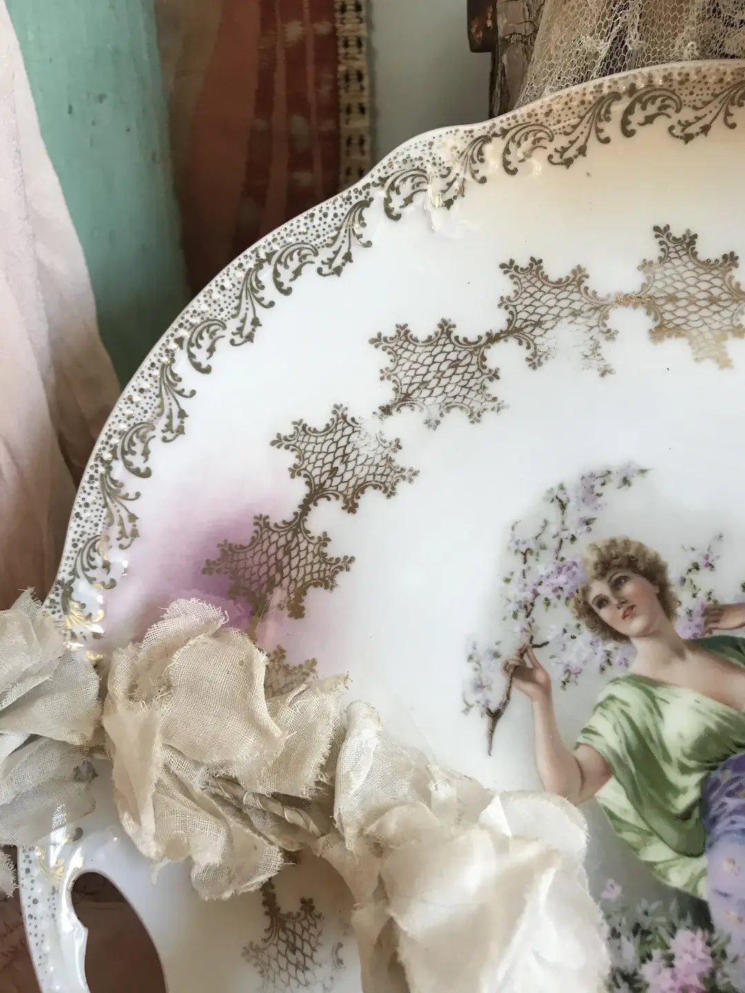 Antique Portrait Plate Kimono Cherry Blossoms