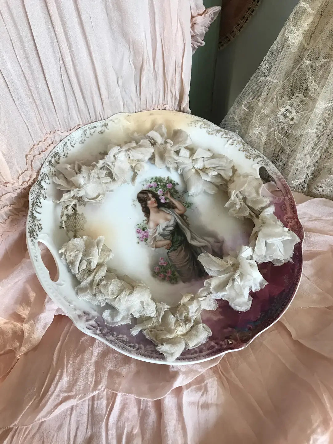 Antique Portrait Plate Pink Roses