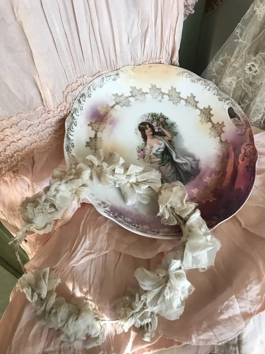 Antique Portrait Plate Pink Roses
