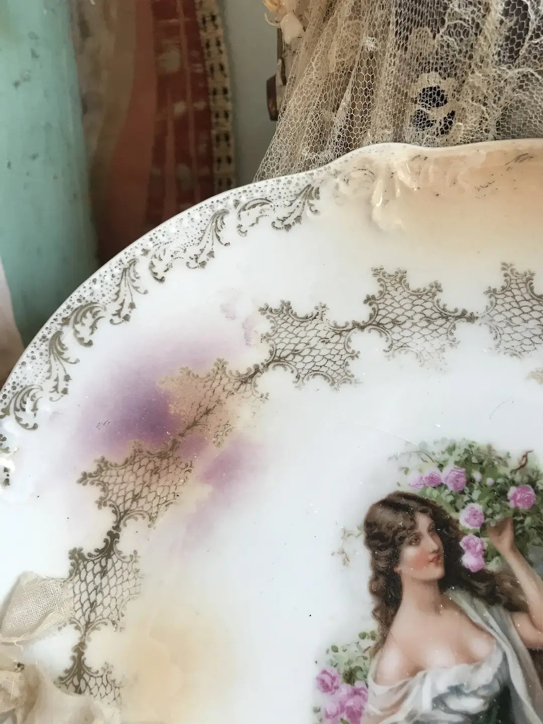 Antique Portrait Plate Pink Roses