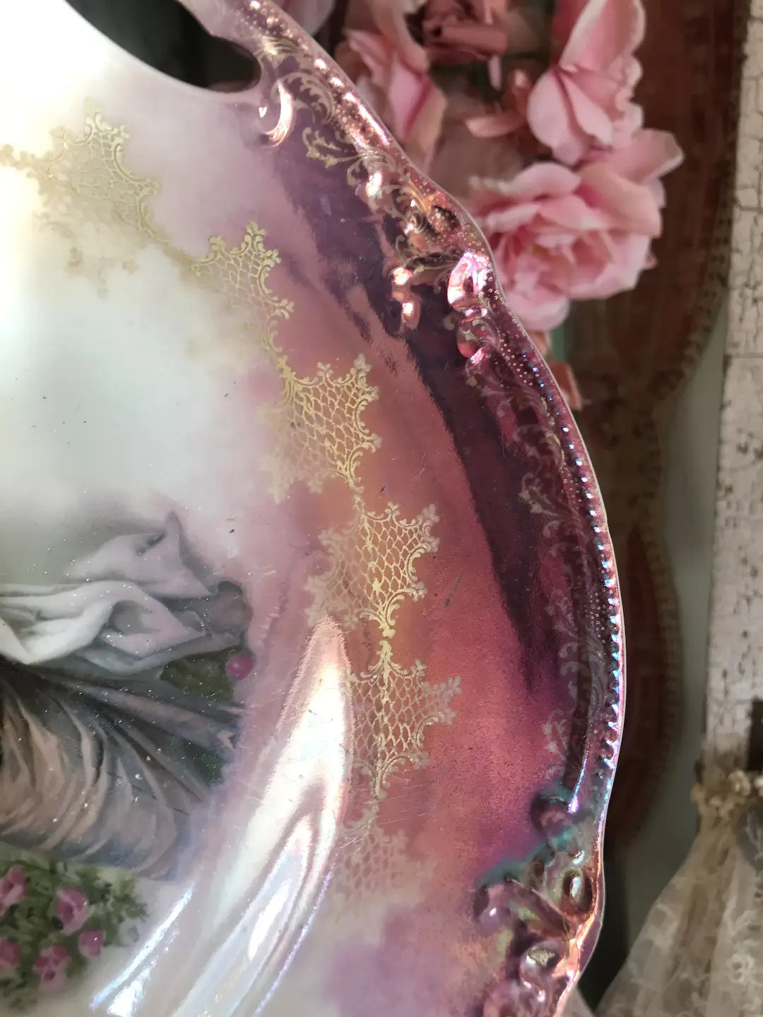 Antique Portrait Plate Pink Roses