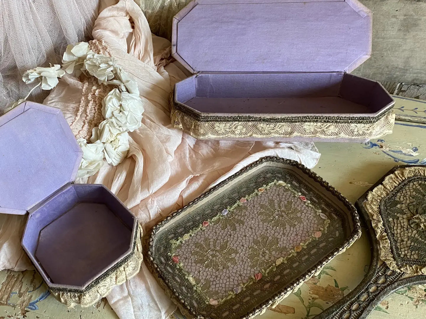 Antique Ribbonwork Lace Vanity Set Box Mirror