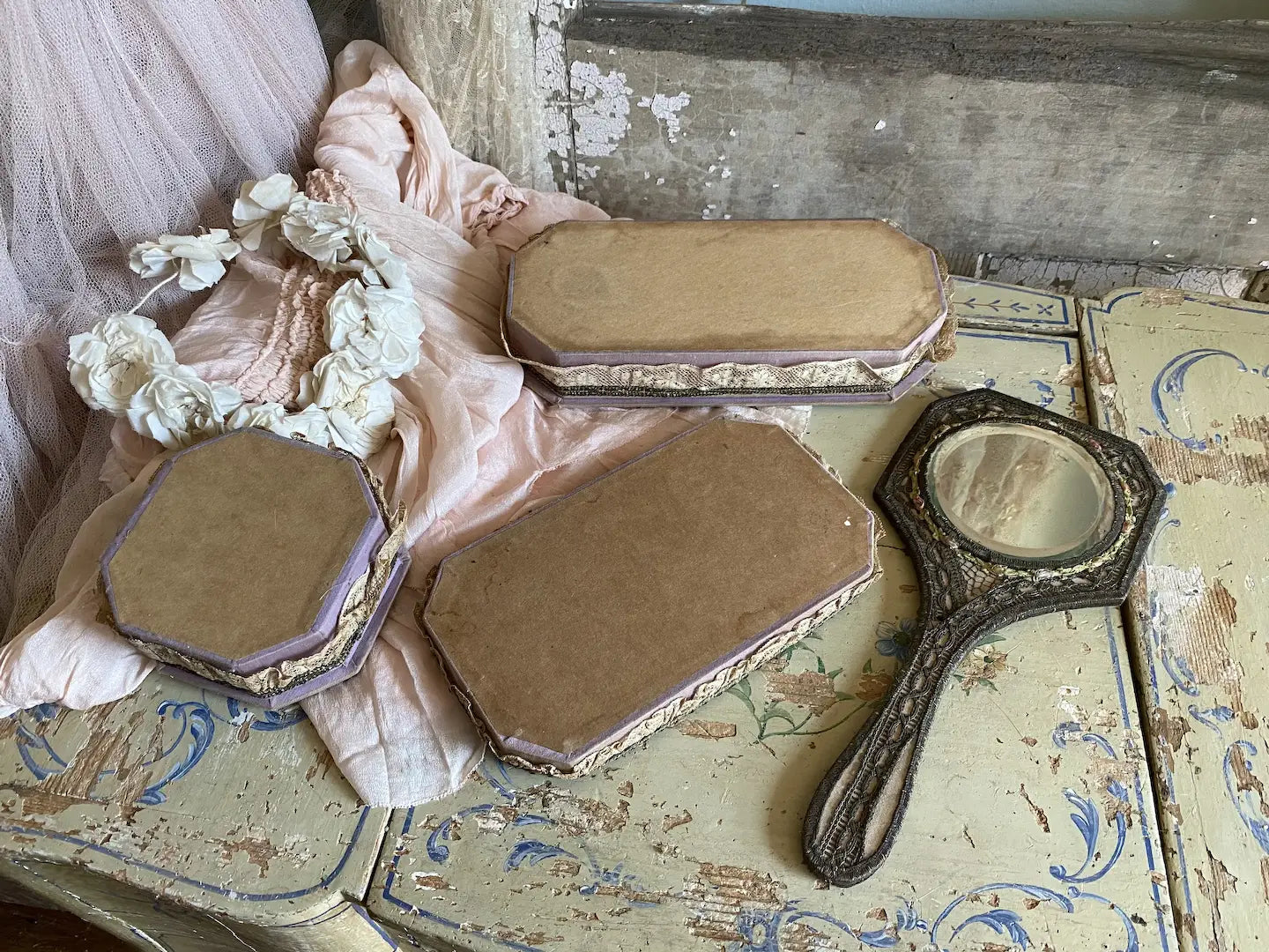 Antique Ribbonwork Lace Vanity Set Box Mirror