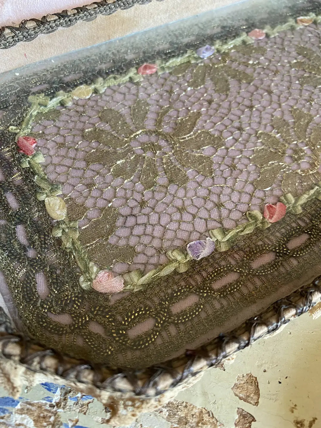 Antique Ribbonwork Lace Vanity Set Box Mirror