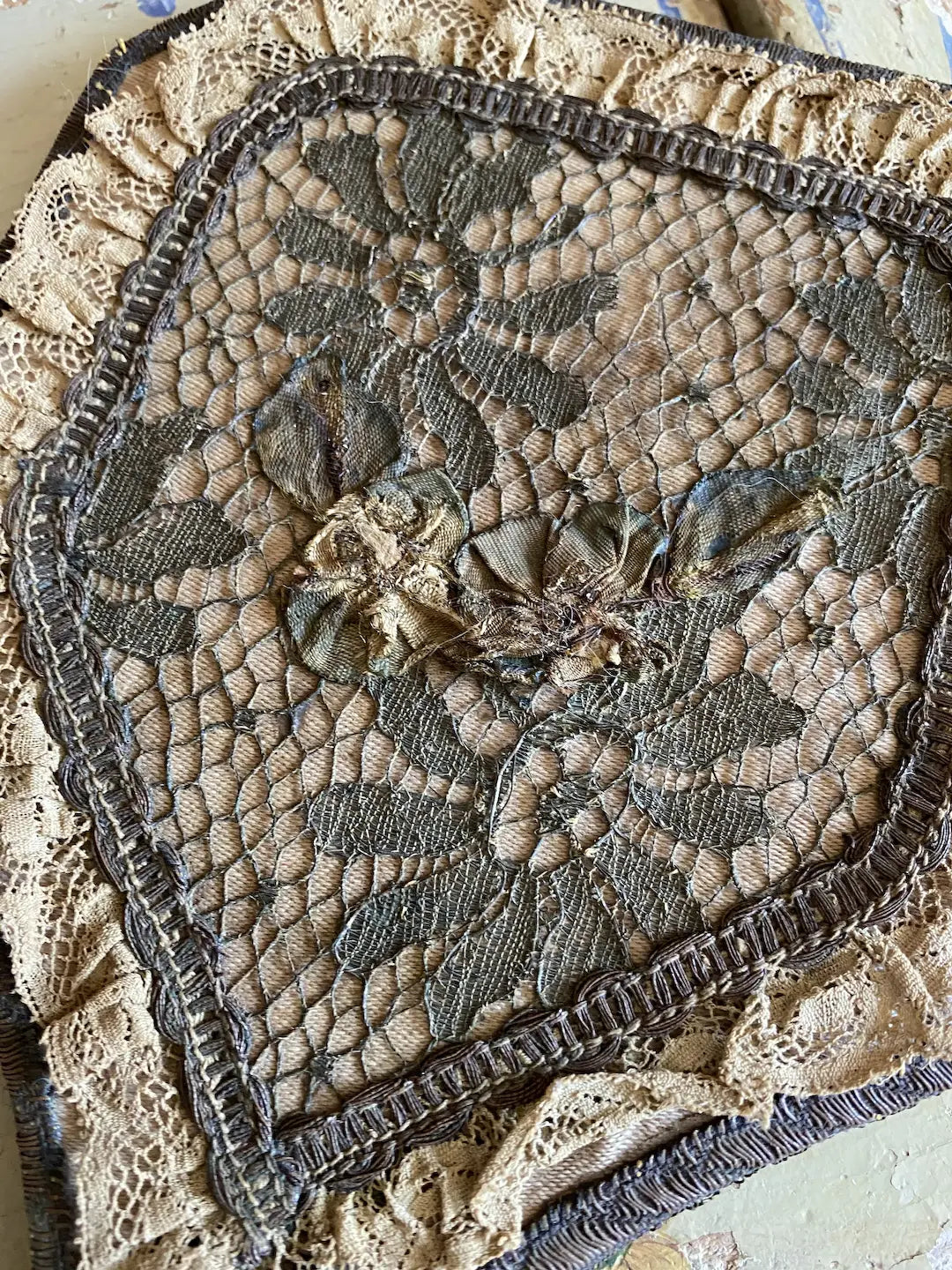 Antique Ribbonwork Lace Vanity Set Box Mirror