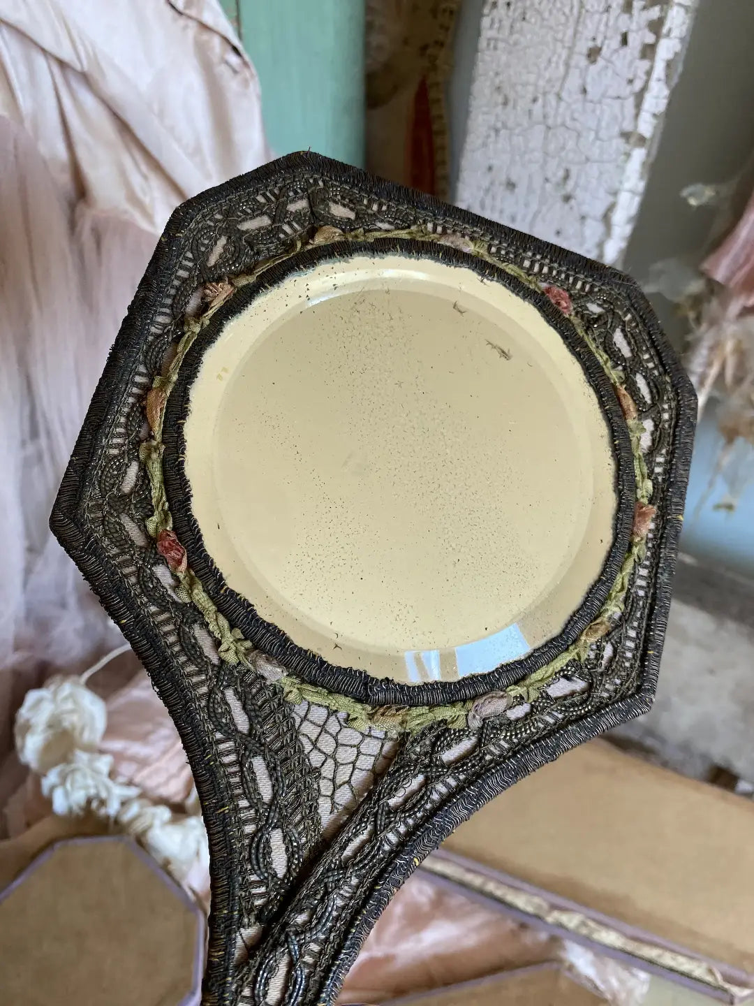 Antique Ribbonwork Lace Vanity Set Box Mirror