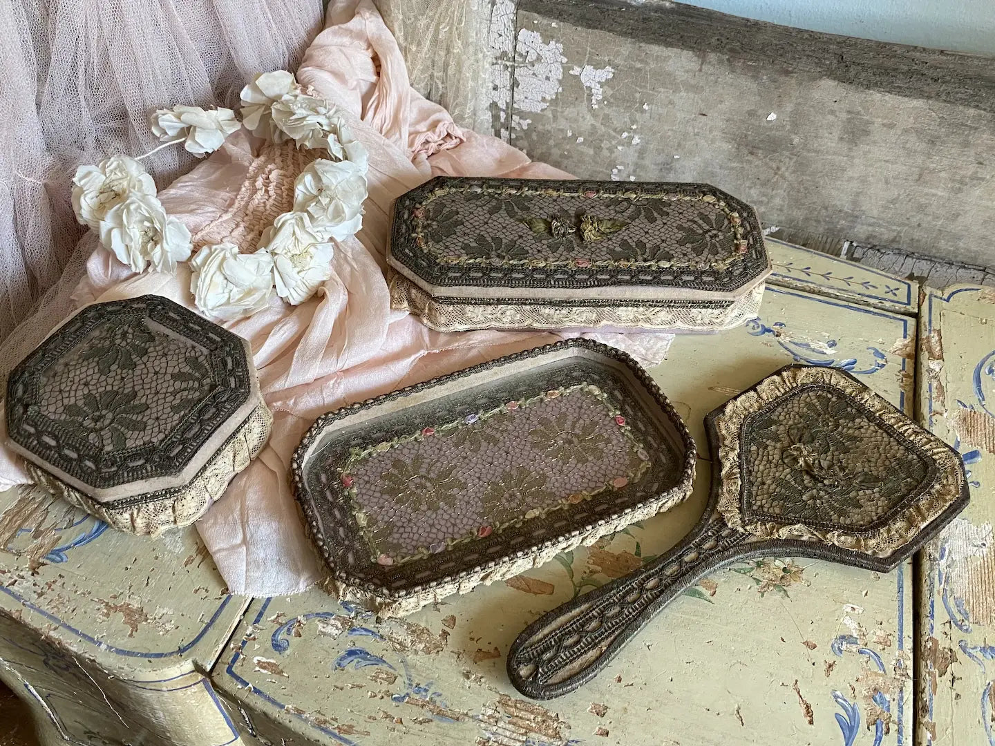 Antique Ribbonwork Lace Vanity Set Box Mirror