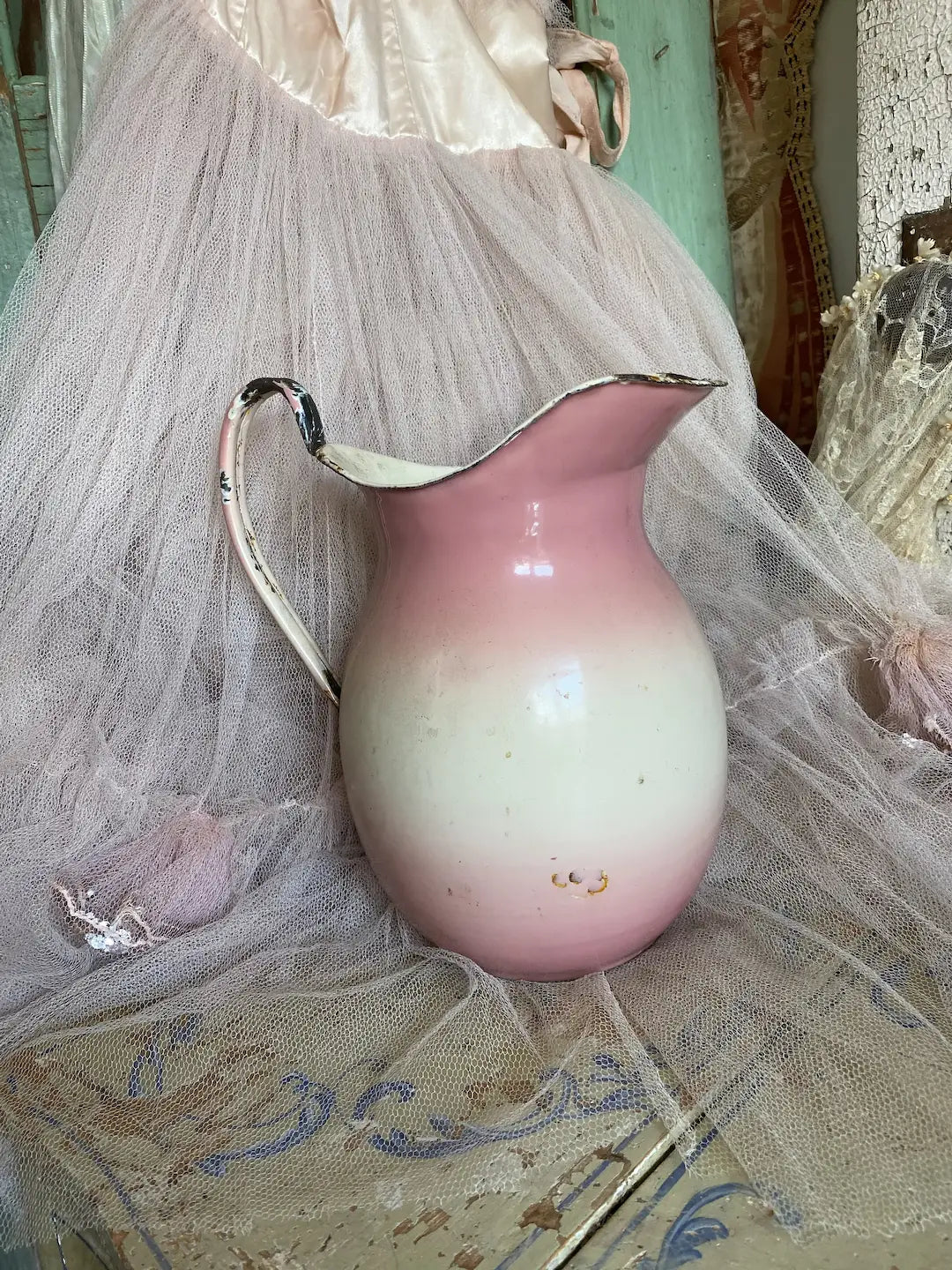 Antique FRENCH Enamel Vase Pitcher Pink