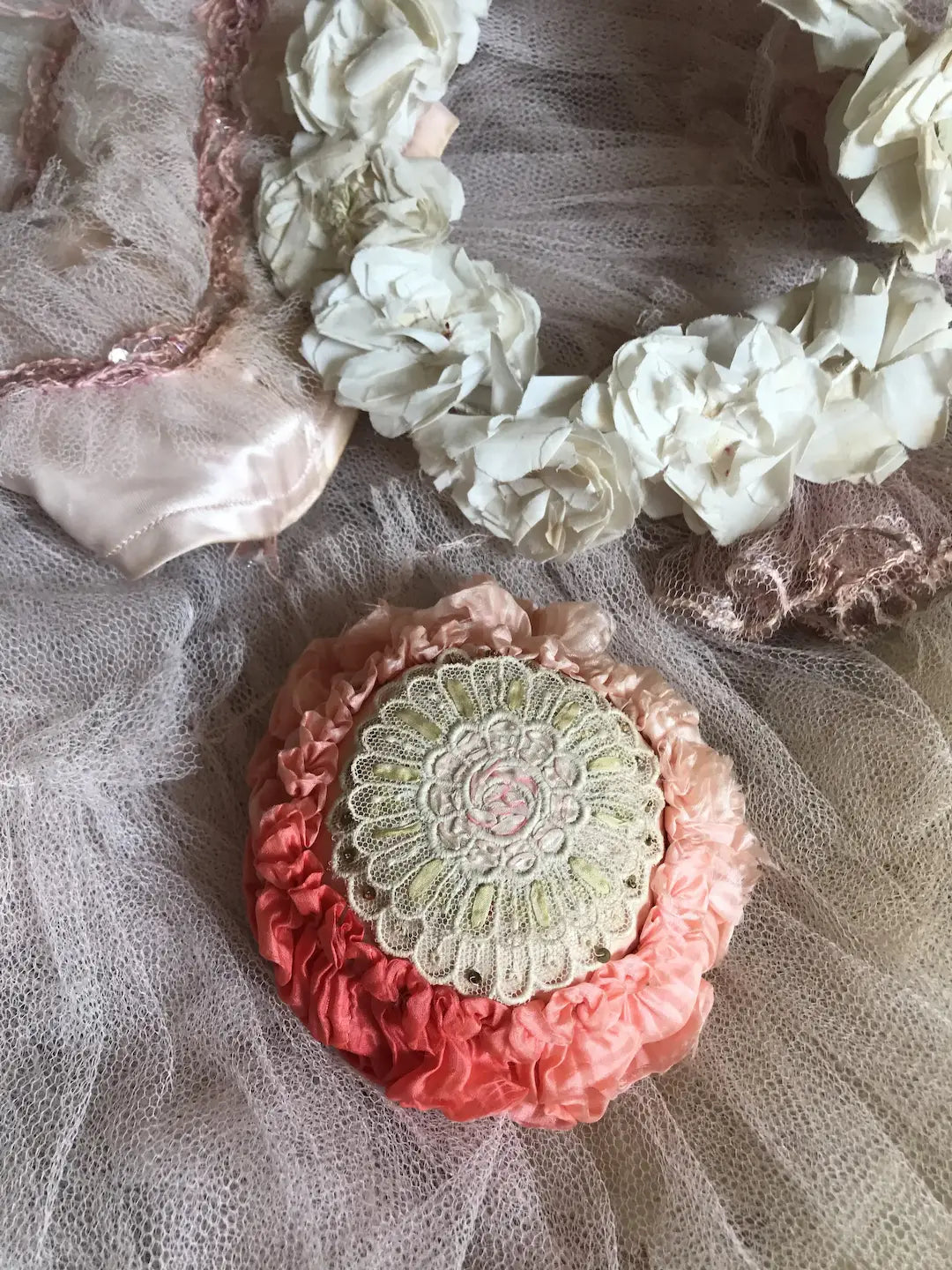 Antique Peach Ombré Silk Ribbonwork Pin Cushion