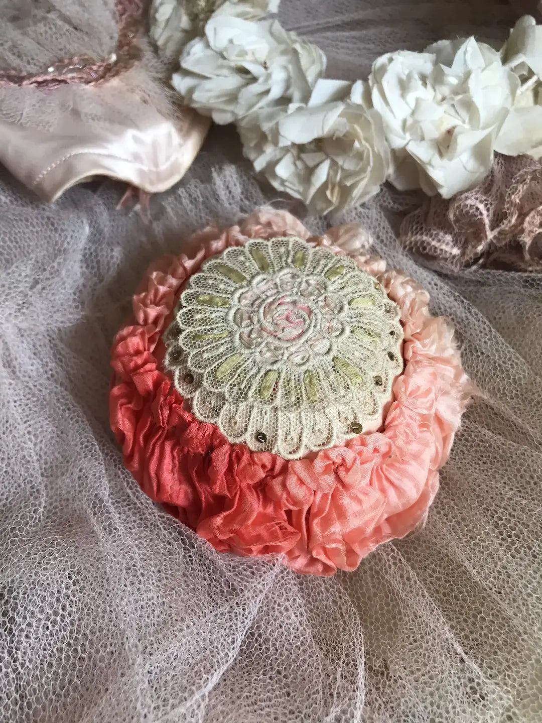 Antique Peach Ombré Silk Ribbonwork Pin Cushion