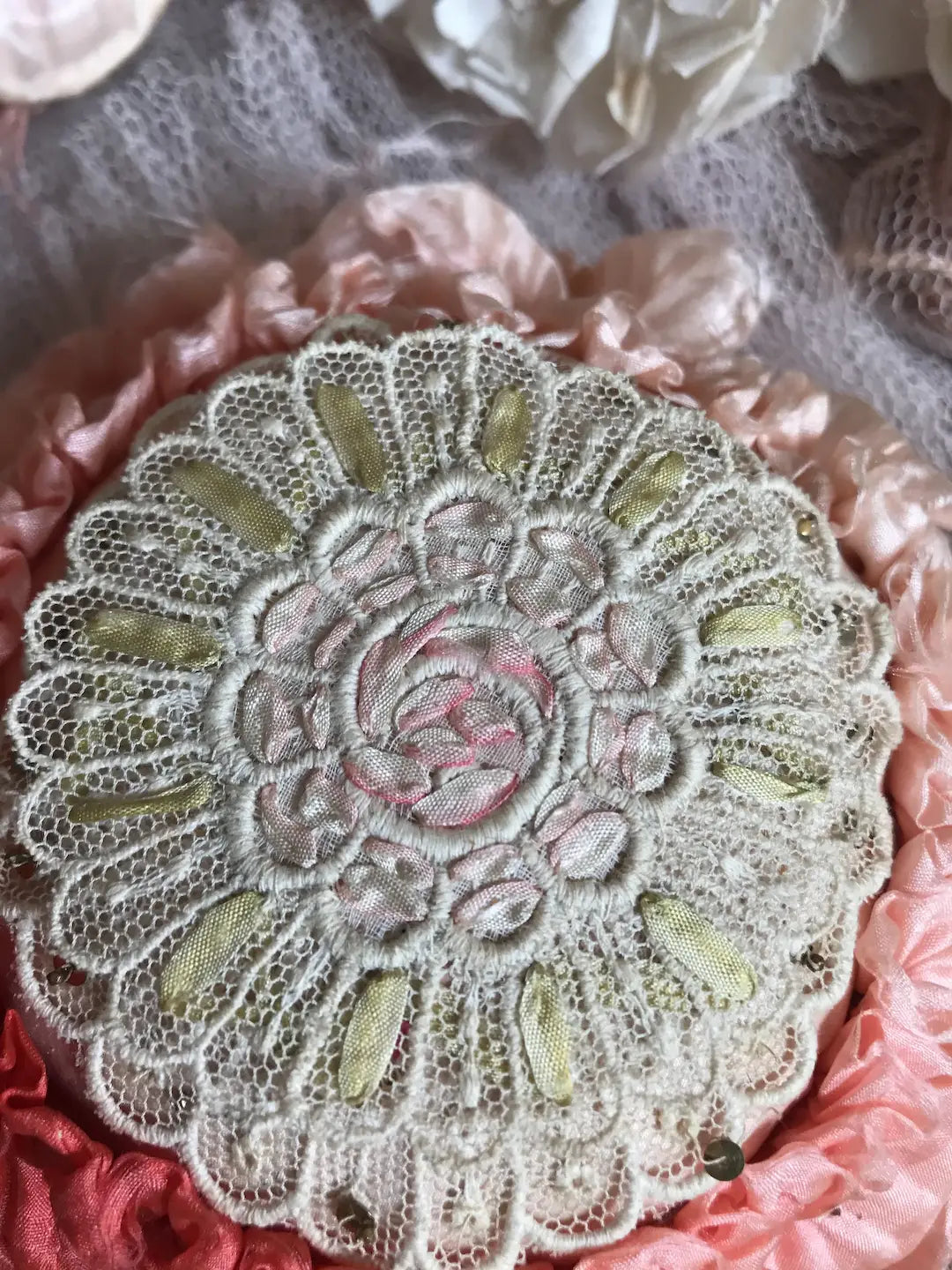 Antique Peach Ombré Silk Ribbonwork Pin Cushion